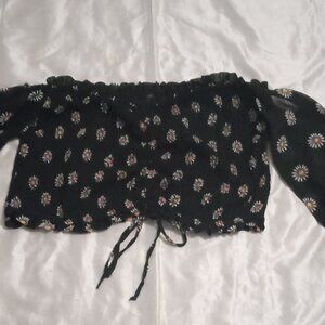 rue+ women's off the shoulder crop top black paisley w/long sleeves size 2X